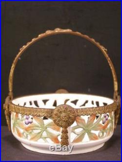 1800's French Gilt Reticulated Bronze Potpourri Faience Basket Center Piece Bowl