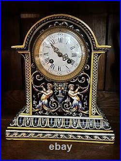 1850s Antique French Faience Gien Majolica Clock with Matching Vases Marked Set