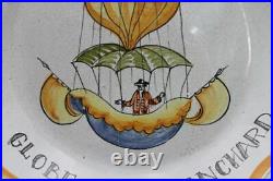 19C French Faience Art Pottery Plate with Hot Air Balloon Globe de Mr Blanchard
