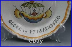 19C French Faience Art Pottery Plate with Hot Air Balloon Globe de Mr Blanchard
