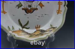 19C French Faience Art Pottery Plate with Hot Air Balloon with Flags
