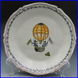 19C French Faience Art Pottery Plate with Hot Air Balloon with Two Men & Flags