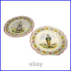 19C HP French Faience Pink Edge Wall Plate Pair Bretagne Man & Normandie Woman