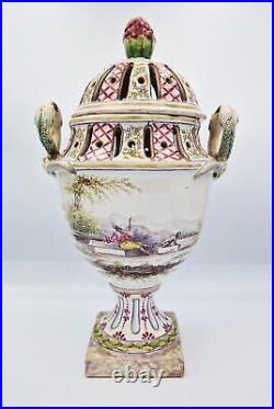 19TH CENTURY FRENCH FAIENCE POT POURRI LIDDED VASE Hunting Scenes