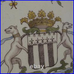 19c Antique Desvres Faience Dinner Plate Armorial Dogs FOURMAINTRAUX FRERES