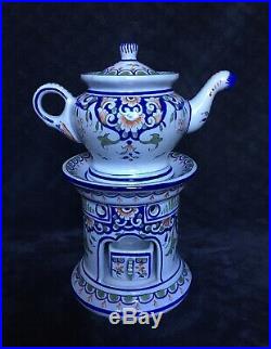 19th Century Antique French Faience Rouen Desvres Nevers Teapot & Warming Stand