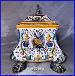 19th Century French Faience Hand Painted Lidded Box Casket with Koi Fish Finial