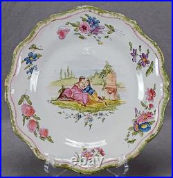 19th Century French Faience Hand Painted Watteau Scene & Floral Shell Edge Plate