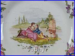 19th Century French Faience Hand Painted Watteau Scene & Floral Shell Edge Plate