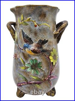 19th century French Faience Vase 9 Bird Floral Brown Ribbed Stamped E. G 655
