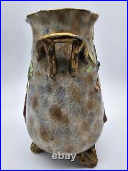 19th century French Faience Vase 9 Bird Floral Brown Ribbed Stamped E. G 655