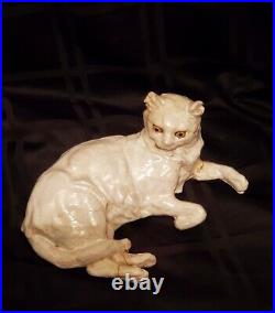 19thC French Faience Cat Style Galle Des Fres Glass Eyes Hand Sculpted Antique