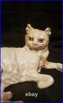 19thC French Faience Cat Style Galle Des Fres Glass Eyes Hand Sculpted Antique