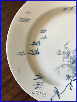 2 Antique French Faience de GIEN PAYSAGES Plates Bird Landscape Blue White c1875