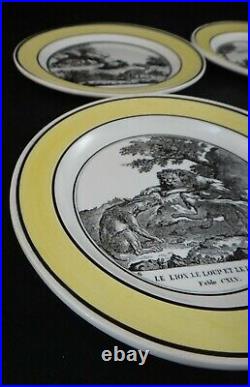 4 Antique French Creil Yellow Rimmed Faience Plates with Fables. 8 ½ dia