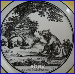 4 Antique French Creil Yellow Rimmed Faience Plates with Fables. 8 ½ dia