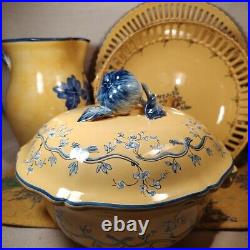4 Piece French Faience Pottery Yellow Signed Tureen WithLid Reticulated Bowl Plate