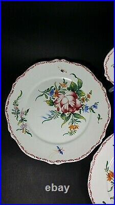 4 Vintage French Hand Painted MALICORNE Faience Dinner Plate Roses Emile Tessier