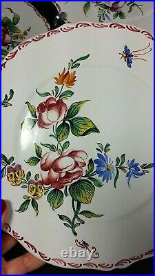 4 Vintage French Hand Painted MALICORNE Faience Dinner Plate Roses Emile Tessier