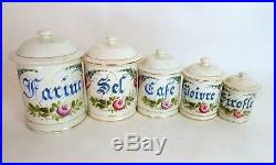 5 French Antique Faience Canisters Complete Set with Lids by Choisy-le-Roi