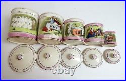 5 French Antique Faience Canisters with Lids