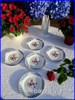 5 lovely antique french dessert plates Luneville red flowers blue checks 1910s