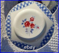 5 lovely antique french dessert plates Luneville red flowers blue checks 1910s