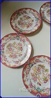 6 Antique French Faience Luncheon Plates. Pink Floral Pattern
