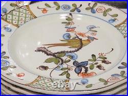 6 Antique French Faience Pottery Plates Pheasant Bird Floral 9 1/8 Hand Painted