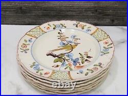 6 Antique French Faience Pottery Plates Pheasant Bird Floral 9 1/8 Hand Painted