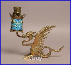 A Very Attractive Antique French Longwy Faience Brass Candlestick