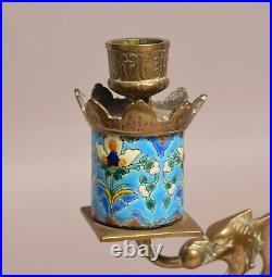 A Very Attractive Antique French Longwy Faience Brass Candlestick