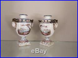 A pair Antique French Victorian Vases set Faience Majolica Pottery Veuve Perrin