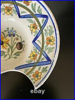 ANTIQUE BARBER BOWL FRENCH FAIENCE HAND PAINTED FLOWERS CIRCA 19th CENTURY