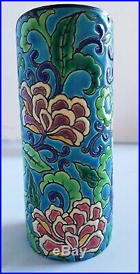 ANTIQUE EMAUX DE LONGWY French Faience Pottery VASES x2 Blue Floral C. 1920s