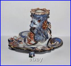 ANTIQUE Emile Gallé FRENCH FAIENCE 19th c. Pottery Lion CANDLESTICK CHAMBERSTICK