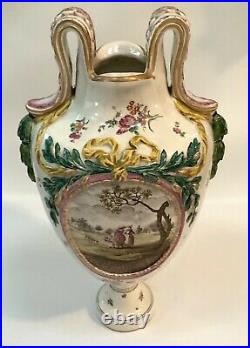 ANTIQUE FRENCH FAIENCE 2 HANDLED 18 SCENIC 2 Piece VASE URN SIGNED RX