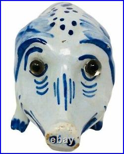 ANTIQUE FRENCH FAIENCE SIGNED MOSANIC POTTERY PIG BLUE and WHITE
