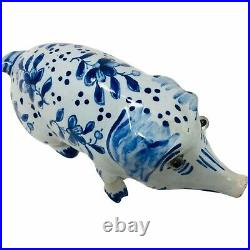 ANTIQUE FRENCH FAIENCE SIGNED MOSANIC POTTERY PIG BLUE and WHITE