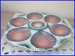 ANTIQUE French Majolica OYSTER PLATE / DIGOIN FRANCE PINK & BLUE