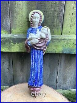 ANTIQUE French POTTERY MADONNA CHILD wall plaque faience majolica tin glaze