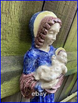 ANTIQUE French POTTERY MADONNA CHILD wall plaque faience majolica tin glaze