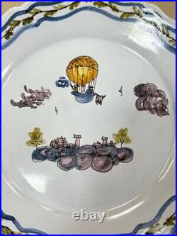 ANTIQUE HAND PAINTED FRENCH FAIENCE HOT AIR BALOON PLATE c1800's