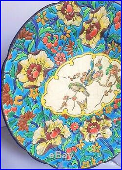 ANTIQUE LONGWY French Faience Pottery 10 Plate Birds & Floral Pattern C. 1920s