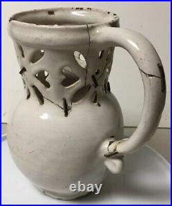 ANTIQUE NOVELTY POTTERY FAIENCE PUZZLE JUG / PITCHER DRINKING VESSEL, as is