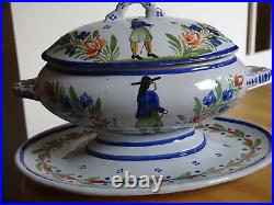 ANTIQUE SAUCE BOAT COVER FRANCE CERAMIC HB QUIMPER BRETON circa 19th century