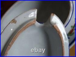 ANTIQUE SAUCE BOAT COVER FRANCE CERAMIC HB QUIMPER BRETON circa 19th century