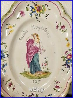 ANTIQUE VEUVE PERRIN FAIENCE PLATE MARY MAGDALENE 18TH C 1700S Tin Glazed Saint