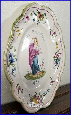ANTIQUE VEUVE PERRIN FAIENCE PLATE MARY MAGDALENE 18TH C 1700S Tin Glazed Saint