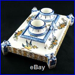 Ancien ENCRIER Double, Faïence GIEN RENAISSANCE, Antique French Ceramic Inkwell